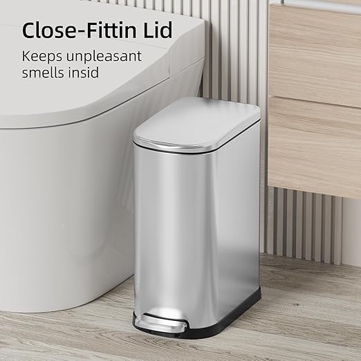 KUK Slim Bathroom Trash Can with Lid, 2.6 Gallon (10 L) Stainless Steel Step Small Garbage Can with Removable Inner Bucket, Soft Close, Anti-Fingerprint Finish (Silver)