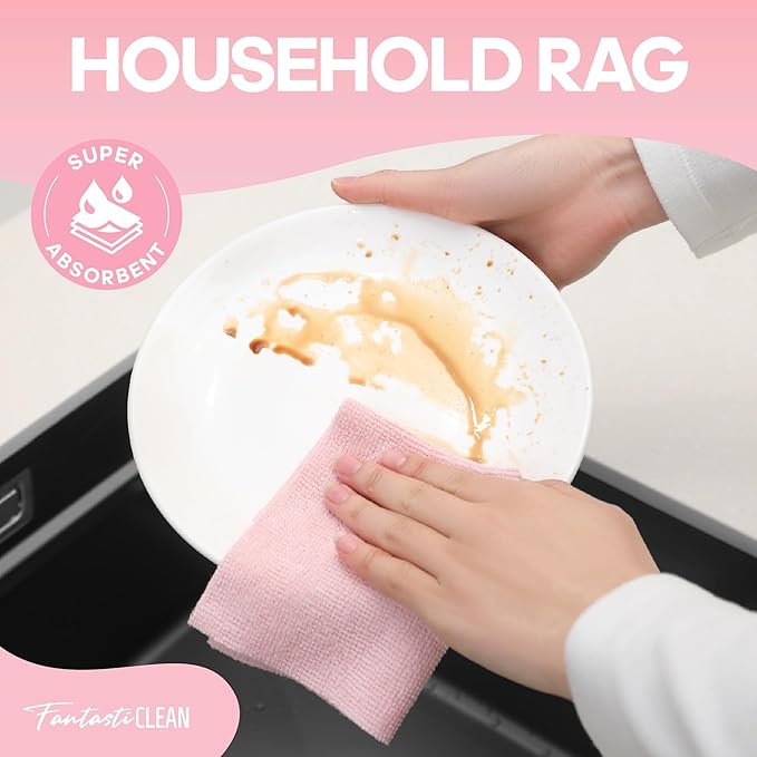 Fantasticlean Microfiber Cleaning Cloth Roll 2 Rolls 120 Pack, Tear Away Paperless Towels, 8" x 8", Reusable Washable Rags, Home Kitchen, Pet, Office, Indoor Outdoor, Portable (Pink and Off-White)