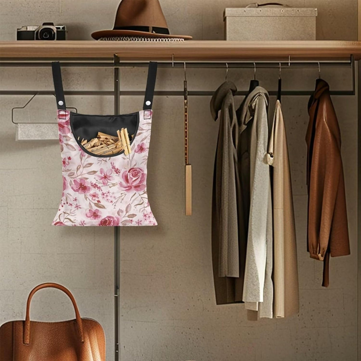Pink Flowers Clothespin Bag Laundry Hanging Storage Organizer Clothes Pin Hanging Bag with Rope Clothespin Holder with an Space-Saving Opening for Clothesline Outdoor
