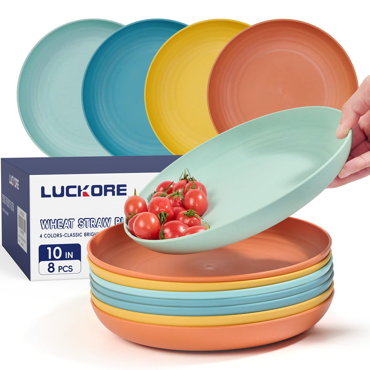 Luckore 10 inch Deep Dinner Plates Set of 8 Wheat Straw Plates, Unbreakable Dinner Dishes Alternative for Plastic Microwave and Dishwasher Safe for Kitchen with 4 Colors Classic Bright
