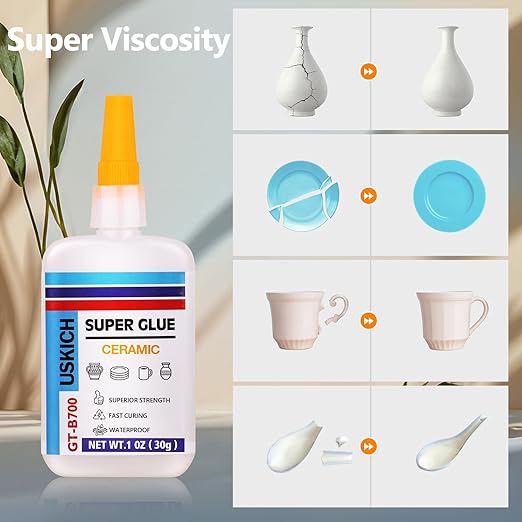Super Glue for Porcelain and Pottery Repair with Anti Clog Cap. 6 x 1 fl oz,CA Glue - Clear Ceramic Repair Adhesivefor Dishes, Tiles, DIY Crafts, Quick Dry