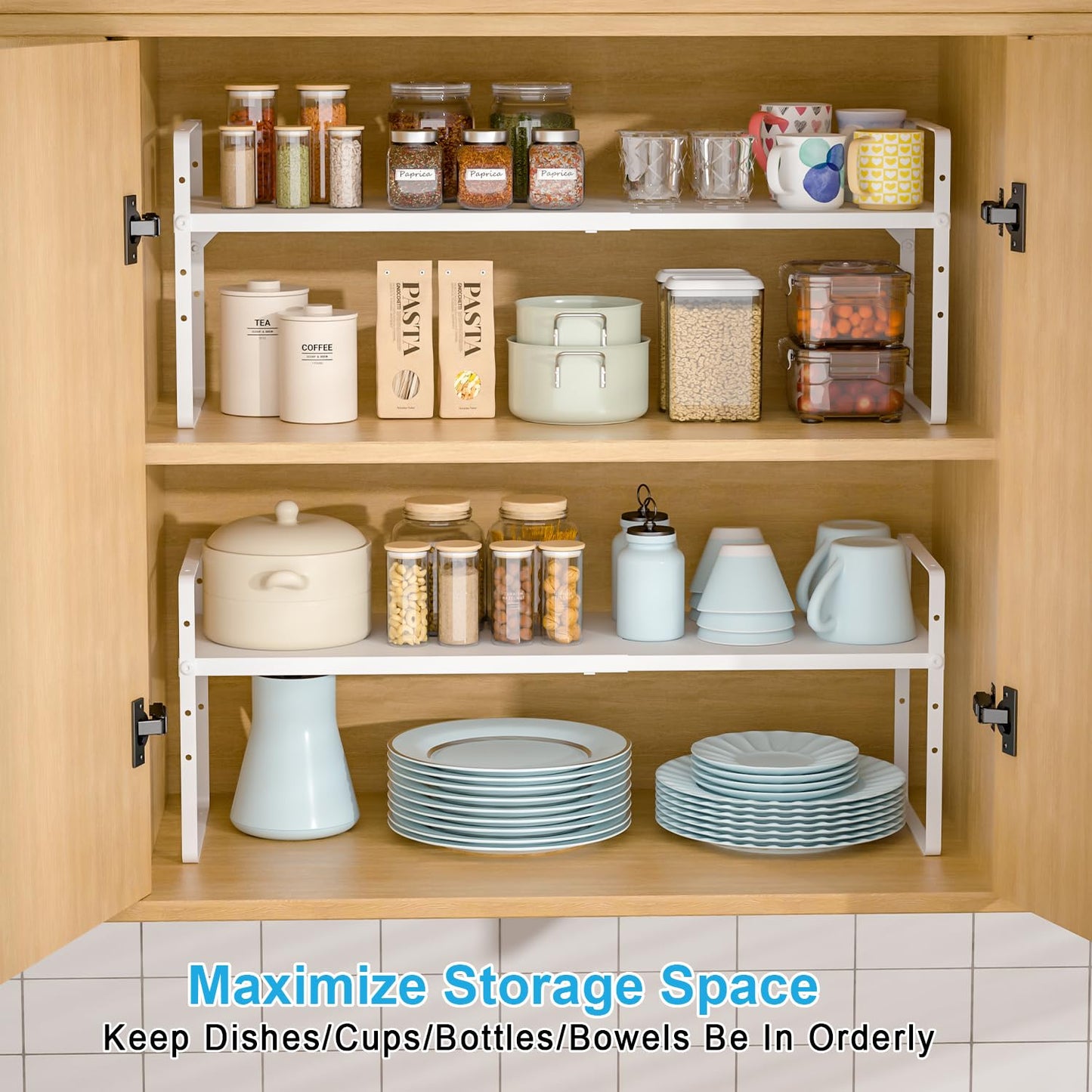15.5 to 25.5 Inch Expandable Kitchen Cabinet Organizer Shelf, 30 LBS Heavy Duty Stackable Kitchen Counter Storage Shelves Organizers, 2 Pack Adjustable Small Storage Shelf Rack For Cabinet Cupboard