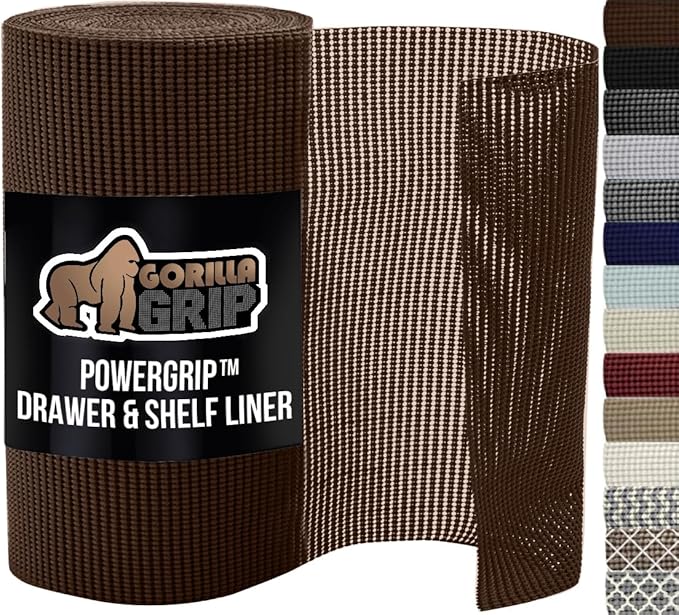 GORILLA GRIP powerGRIP Drawer Shelf and Cabinet Liner, Thick Strong Hold, Non-Adhesive Liners Protect Kitchen Cabinets and Cupboard, Bathroom Drawers, Easy Install, Breathable Mat, 17.5" x20', Brown