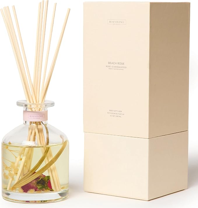 Benevolence LA Reed Diffuser, Rose & Sandalwood Scent Diffusers for Home with Oil Diffuser Sticks | Sun-Kissed Collection