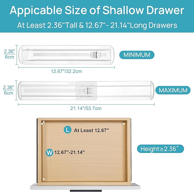 Vtopmart 4 Pack Shallow Drawer Dividers, 2.36" High 12.67"-21.14" Adjustable Expandable Kitchen Drawer Organizer, Clear Plastic Organizer Separators for Flatware, Utensil, Cutlery, Underwear, Clothes