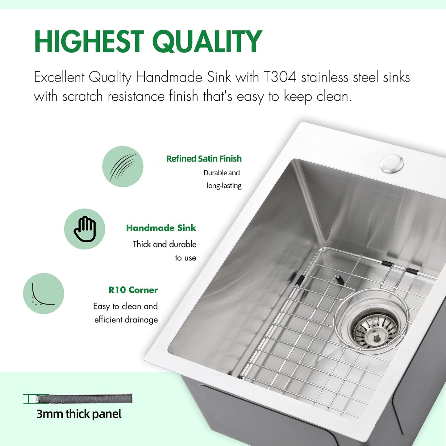 EcoChannels Drop In Kitchen Sink, 15 x 20 x 10 Inch 16 Gauge Single Bowl Topmount Wet Bar Sink T-304 Stainless Steel RV Kitchen Sinks