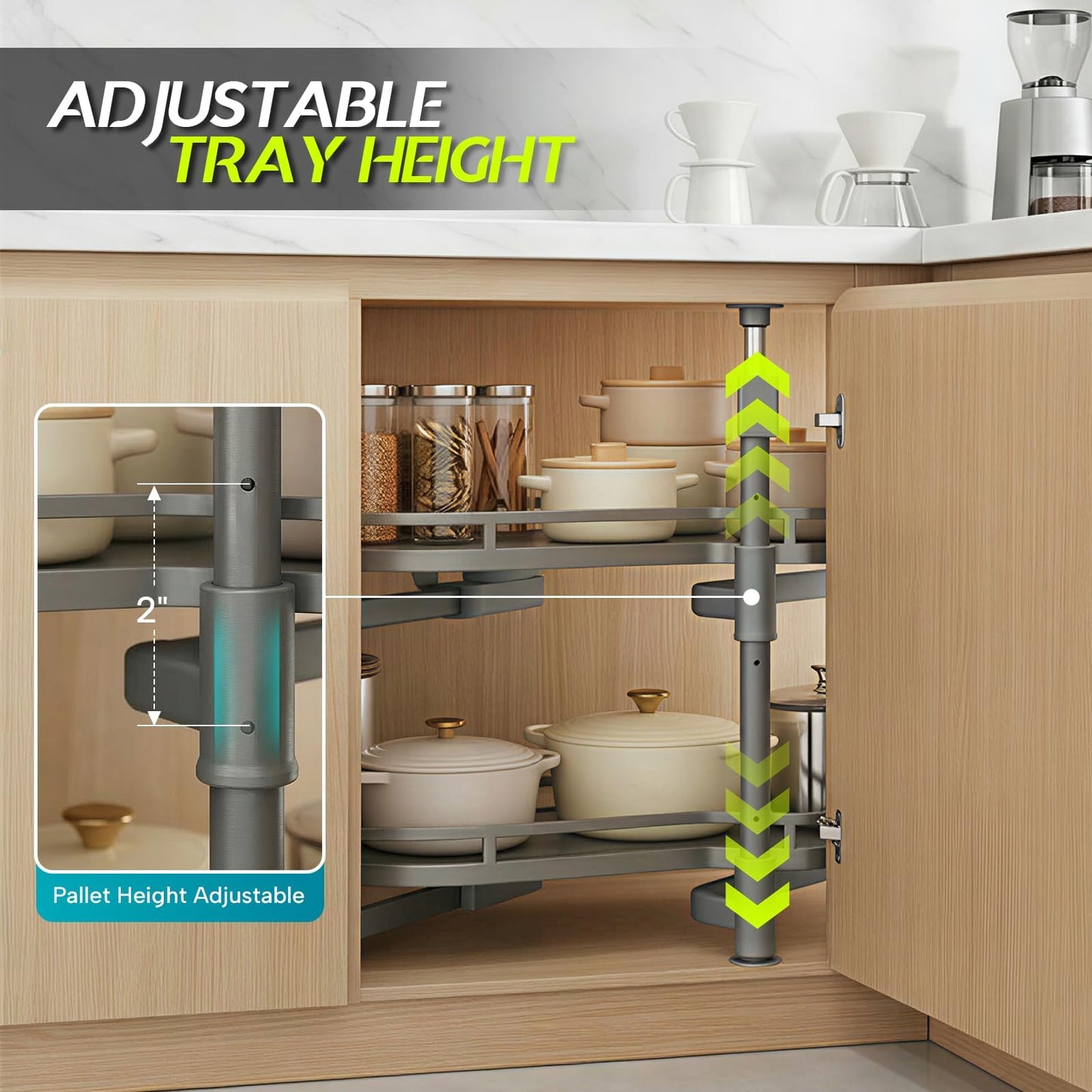 Blind Corner Cabinet Pull Out Organizer 12 14 16 18 Inch, 2 Tier Kitchen Cabinet Organizer, Heavy Duty Adjustable Lazy Susan Shelf with Soft Close, Left or Right Mount for Blind Corner Cabinets
