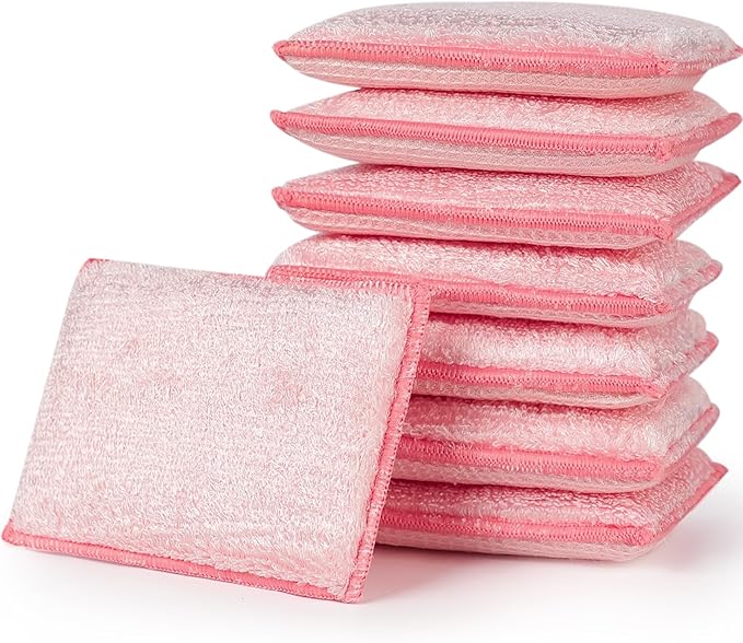 JEBBLAS 8Pack Bamboo Natural Kitchen Sponges Dish Sponge Cleaning Sponge Heavy Duty Scrub Sponge for Cleaning Kitchen and Household Pink