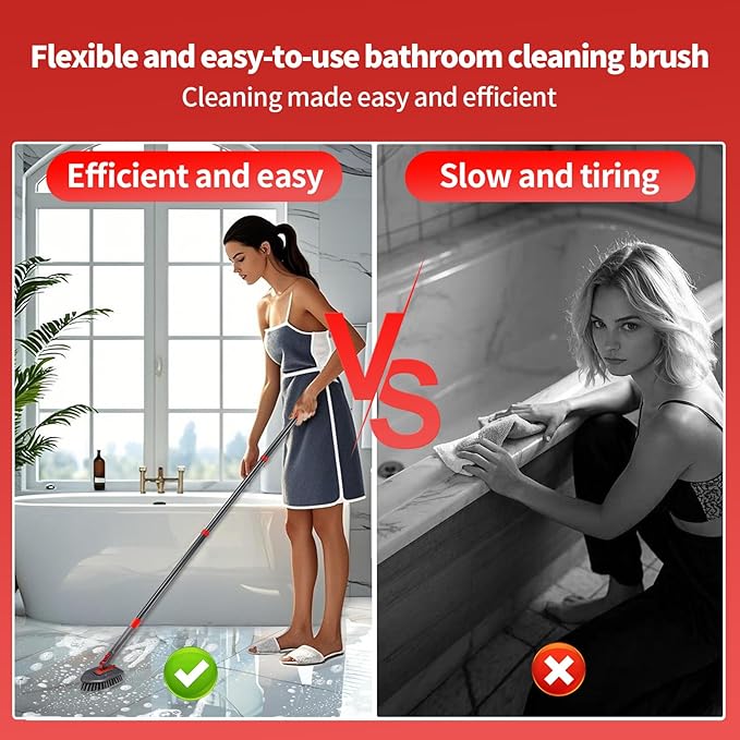 Tile Tub Scrubber Brush No Scratch with 4 Different Function Cleaning Heads and 51" Long Handle- Shower Scrubber for Cleaning Bathroom Kitchen Toilet Wall,Bathtub,Sink，Floors, Walls, mats, Ceilings