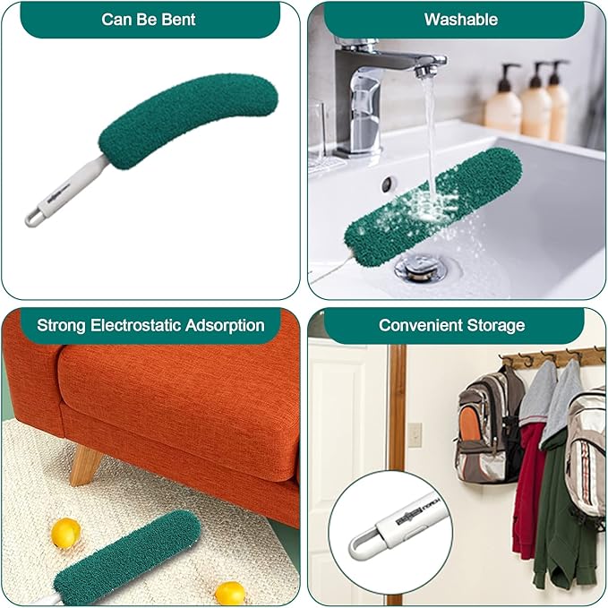 Microfiber Duster, Feather Duster, Dusters for Cleaning, Washable Dusters with Reusable Microfiber Head, Feather Dusters for Cleaning Cobweb, Blinds, Furniture, Cars-Green
