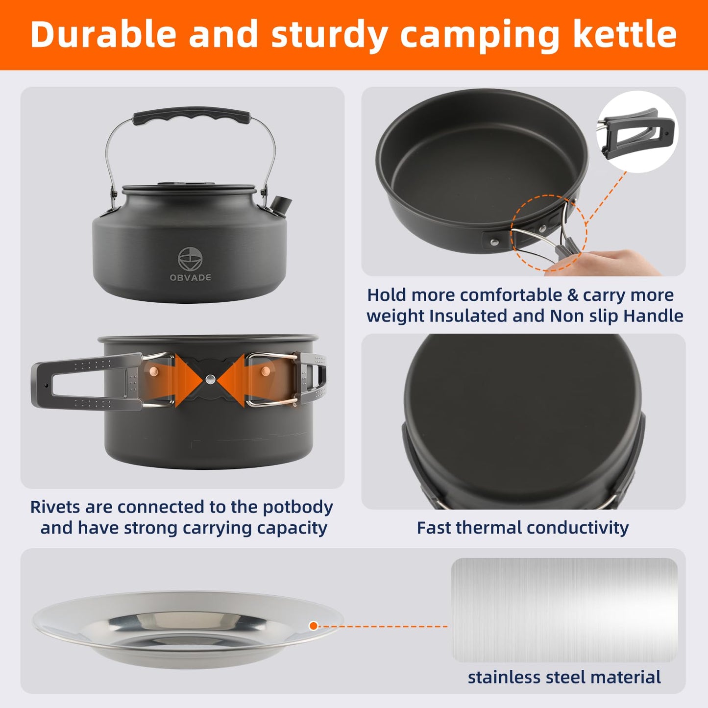 Camping Cooking Set 17-Piece with Kettle,Non-Stick Camping Cookware-Lightweight Backpacking Pots and Pans, Travel Hiking Pan Kit for Outdoor, RV Camp Cook Set, Mesh Bag Included