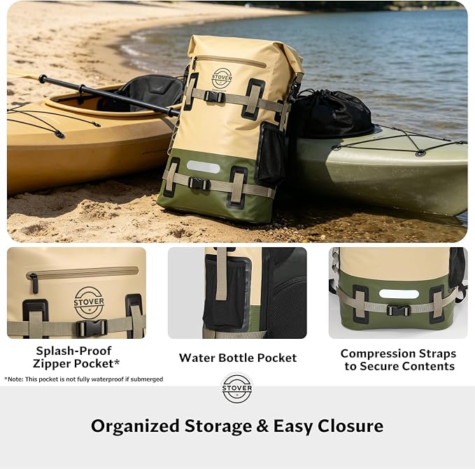 STOVER 30L Waterproof Dry Backpack & Phone Case - X-Large Floating Dry Bag for Kayaking, Travel, Hiking, Fishing, Camping, Motorcycles & Beach, Heavy-Duty Roll Top Men/Women (Tan/Army Green/Brown)