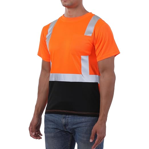 Hi Vis T Shirt Class 3 High Visibility Shirts for Men Safety Shirts with Reflective Strips and Pocket Breathable Construction Work Mesh Short Sleeve Orange-Black