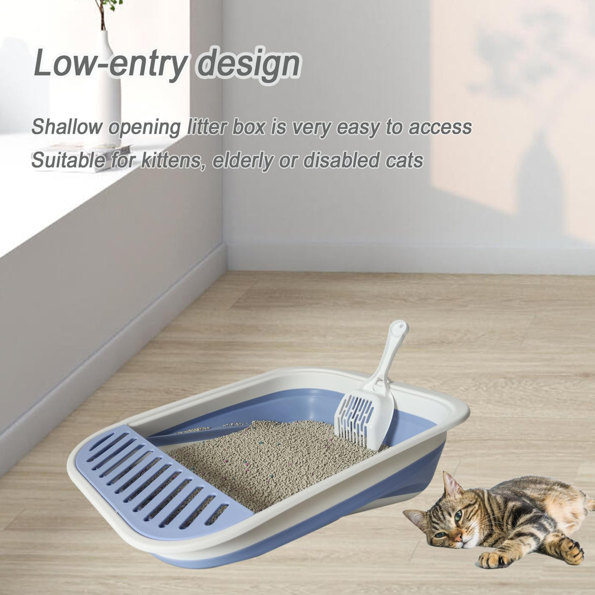 chuyouan Senior Cat Litter Boxes, Collapsible Open Low Entry Cat Litter Pan with Scoop Travel Cat Potty Pan Foldable Pet Toilet for Sick Disabled Older Elderly Cats Pink 20.9x15.7x5.7 inch
