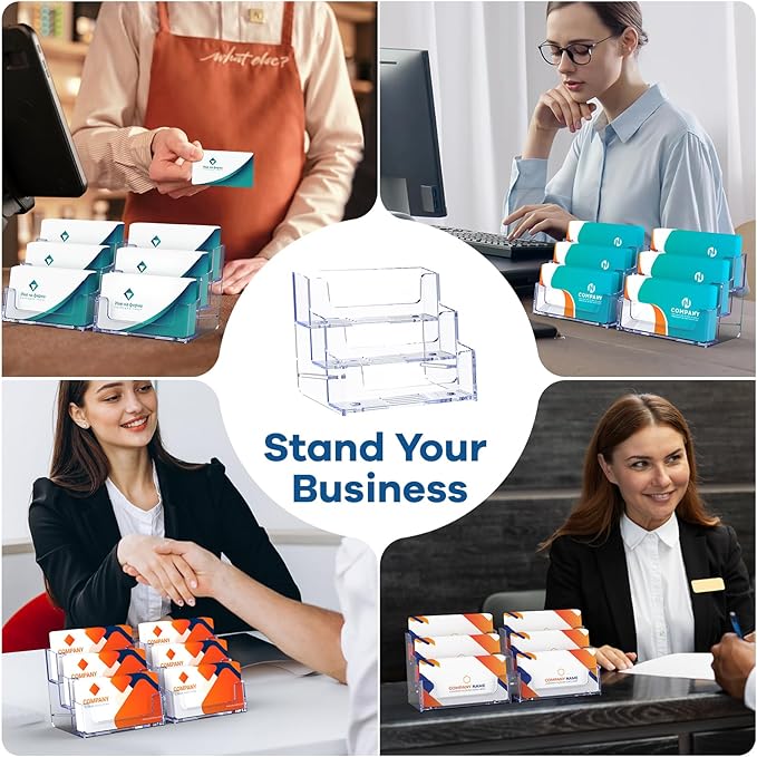 Acrylic Business Card Holder for Desk, Clear Plastic Business Card Stand with 3 Tier, Multiple Business Display Holder for Exhibition, Office and Hotel, 2 Pack