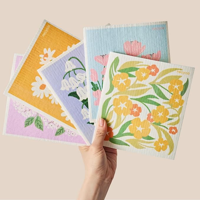 RECYCO Swedish Dishcloths for Kitchen | 5 Pack Matisse Floral Washable Dish Rags | Cellulose Reusable Cleaning Paper Towels | Absorbent Counter Dish Cloth Sponge Kitchen Wipes, 8" L x 7" W