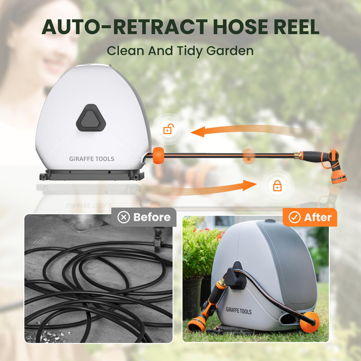 Giraffe Tools Ground Mounted Retractable Hose Reel 1/2 Inch x 130FT, Heavy Duty Automatic Rewind Garden Hose Reel, with Flexible Swivel Base for Lawn, Concrete Floor