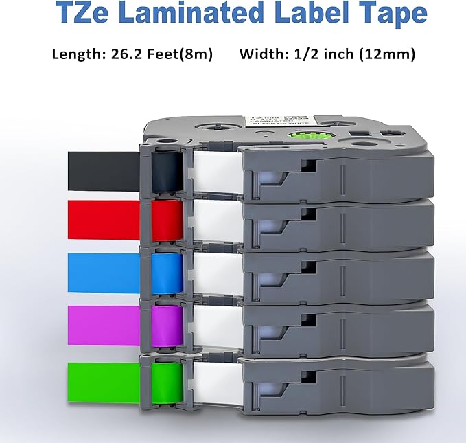 RAEMALL Compatible with Brother Label Tape TZe335 TZe435 TZe535 TZeMQG35 TZeMQP35 TZe TZ Tape, 12mm 0.47 Inch Laminated White on Color Compatible with Brother P Touch Label Maker PT-D210 H110