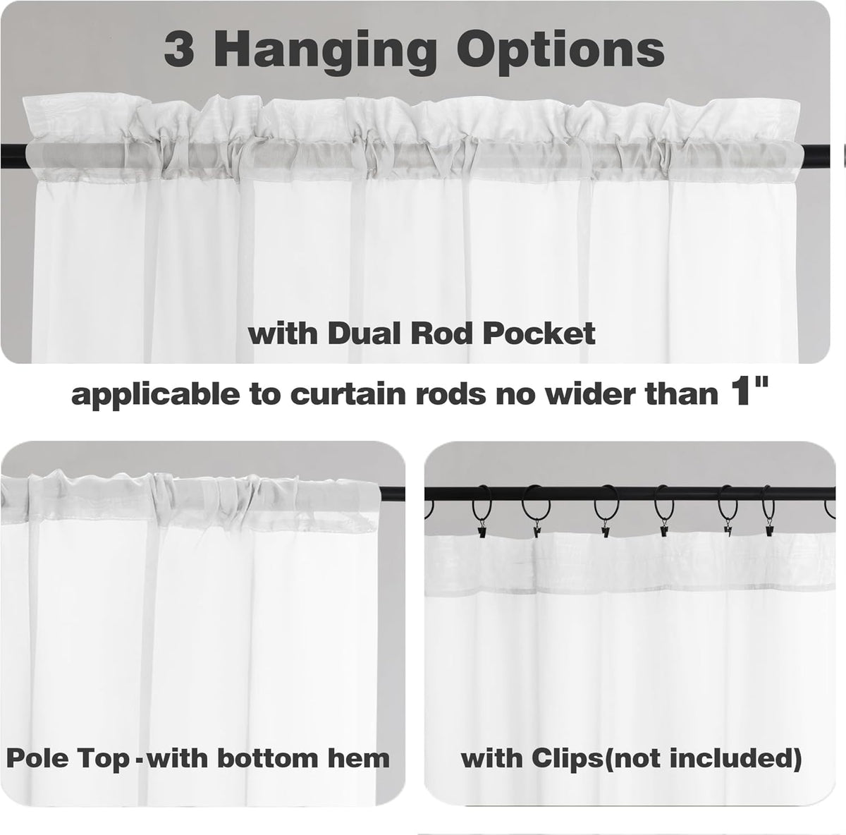 Chyhomenyc White Sheer Curtains 36 inch Length 2 Panels Set, Light Filtering Voile Rod Pocket Short Window Curtians for Bathroom Living Room Farmhouse Small Windows, Each 42Wx36L in, 2PCS, White