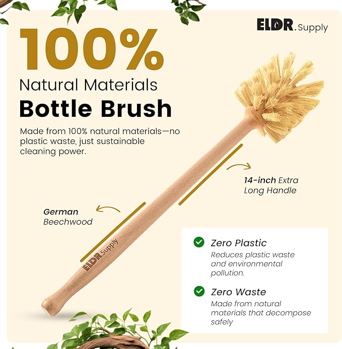 Bottle Brush, 14in Extra Long German Beechwood Handle, Strong Hemp Bristles, Zero Waste, Cleans and Scrubs Hard to Reach Wide Mouth Jars, Glasses, and Tumblers