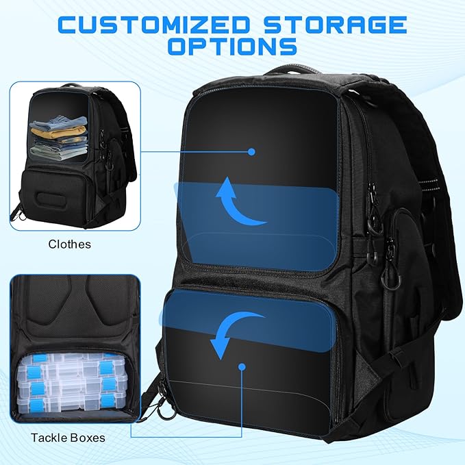 50L Fishing Tackle Backpack with Removable Lure Wraps,2 Rod Holders Storage Fishing Gear and Equipment