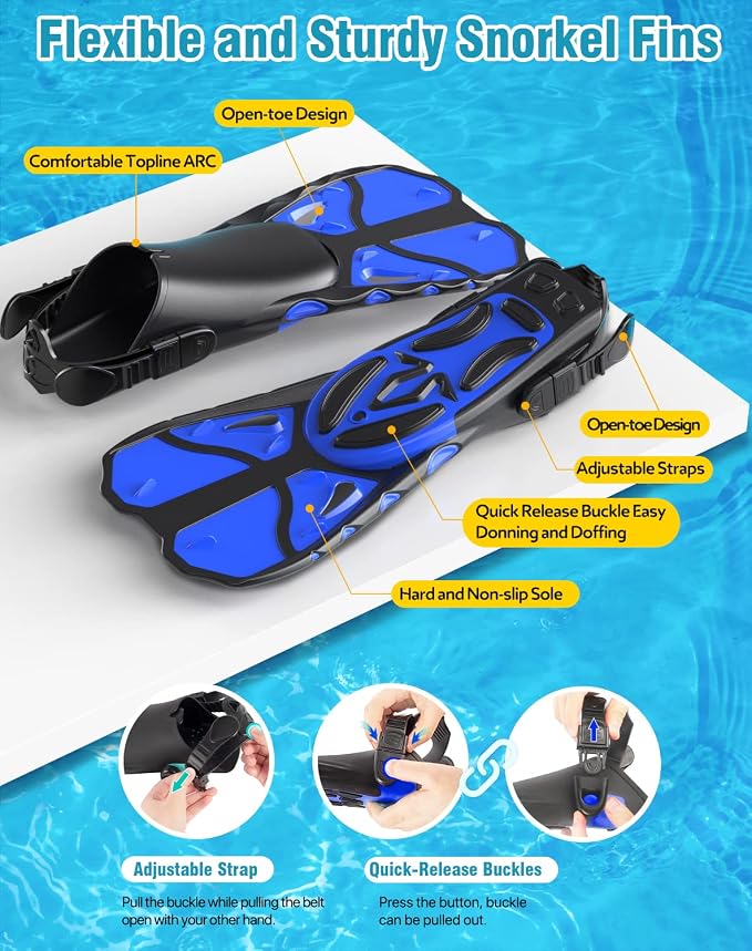 Snorkel Set with Fins for Adults, Snorkeling Gear for Adults Men and Women, Snorkle, Mask Set Adults Dry Top Snorkel Mask Combo Set with Travel Bag for Snorkeling, Diving, Swimming