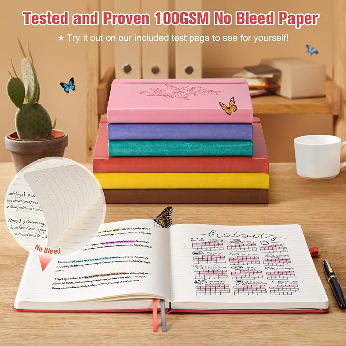 Lined Notebook Journal for Women, 312 Numbered Pages A5 Thick Leather Journal, 100gsm Paper Daily Journal for Work Travel, Hardcover College Ruled Notebook, Giftable Butterfly Floral Notebook, Red