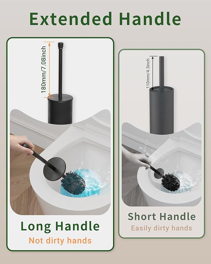 Toilet Brush and Holder Set, Toilet Bowl Brush for Bathroom with Long Handle, Stainless Steel Toilet Cleaner Brush with Durable Scrubbing Bristles,Splash-Proof (Matte Black)