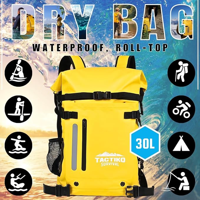 Tactiko 30L Heavy-Duty 100% Waterproof Backpack - Dry Roll-Top Floating Backpack - Rip-Stop Tarpaulin - Comfortable Padded Shoulders & Back - Waist Strap - Large Utility Pocket, Carabiner (Yellow)