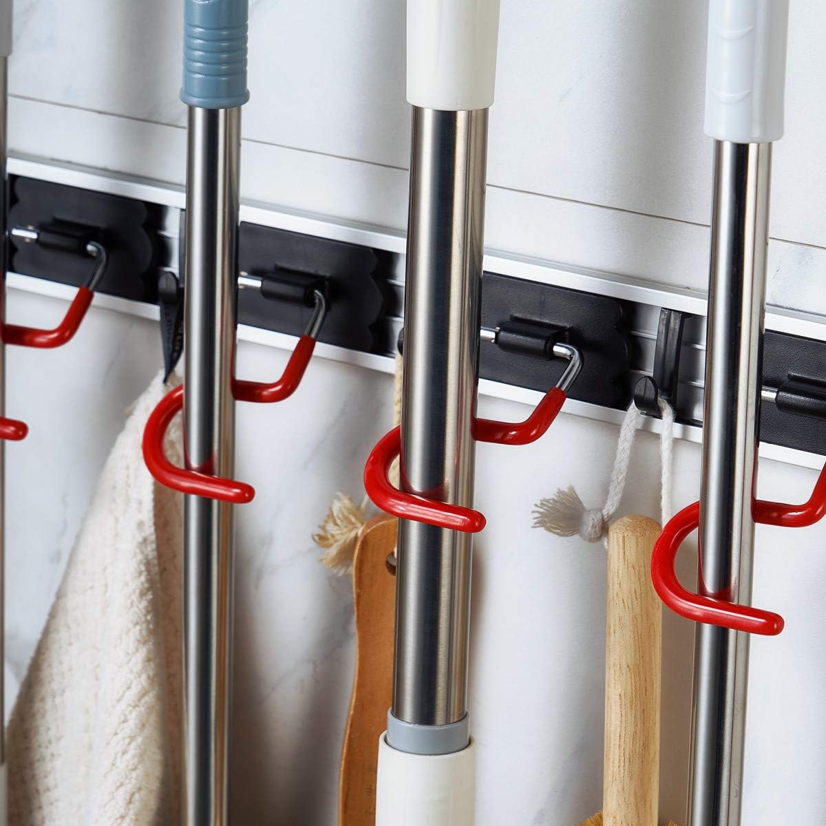 QBOSO Wall Mounted Mop and Broom Holder Stainless Steel S Type Broom Rack Anti-Slip Mop Organizer (17 Inches,4 Positions 3 Hooks, Red black) (17inch)