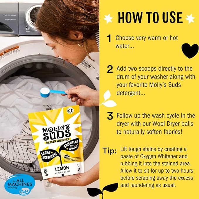 Molly's Suds Oxygen Whitener | Powerful Bleach Alternative, Chlorine Free & Color Safe | Brightens Whites and Removes Stains (Pure Lemon Essential Oil - 79 oz)