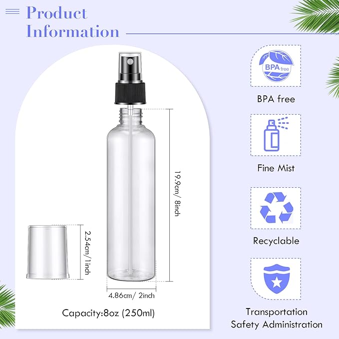 Eccliy 32 Pcs 8 oz Spray Bottles Fine Mist Cleaning Bottles Clear Empty Plastic Travel Sprayer Refillable Sprayer with Cap for Cleaning Solutions Oils Travel Perfumes(Black,Clear)