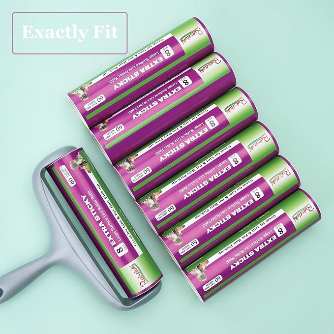 8 inch Large Surface Roller Refill Compatible with Scotch-Brite Pet Hair Pickup Extra Sticky Large Lint Roller Replacement 60 Easy-Tear Adhesive Sheets per Refill Pack of 6 Rolls 360 Sheets Total