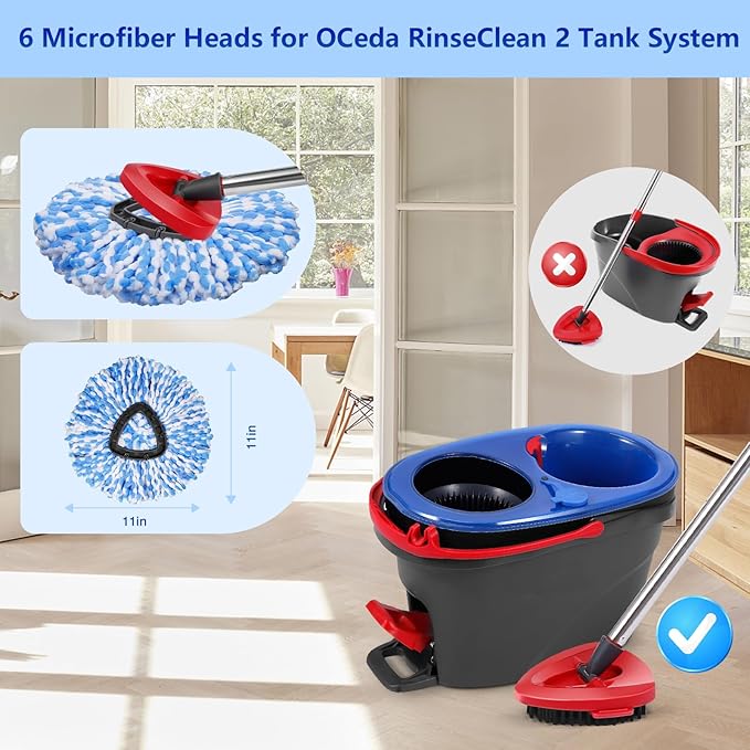 6 Pack Mop Replacement Heads Compatible with Oceda RinseClean 2-Tank System - Includes 1 Mop Base,6 Microfiber Mop Refills, Easy Cleaning Mop Head Replacement