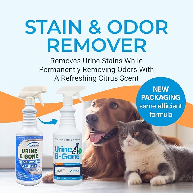 KINZUA ENVIRONMENTAL Urine B-Gone, Professional Enzyme Odor Eliminator & Pet Stain Remover, Human, Cat & Dog Urine Cleaner, Effective on Laundry, Carpets & More, Citrus Scent, 32oz, Pack of Two