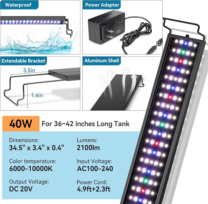 hygger Aquarium LED Light Fish Tank Full Spectrum Lighting with 24/7 Day-Night Cycle Mode & Auto On/Off Timer, 7 Colors Options, Dimmable, Extendable Bracket for 36~42in Freshwater Tank Plant Lights