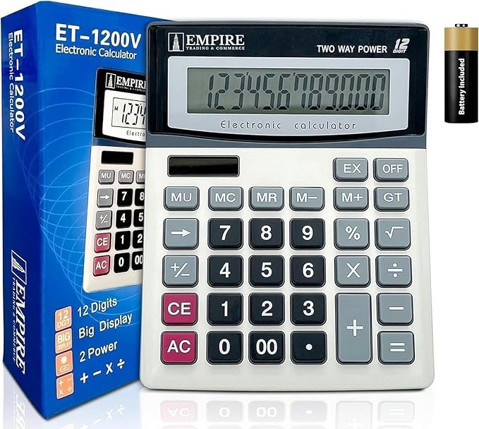 Empire Desk Calculator with Large Key Buttons, 12 Digits, Large Eye-Angled Display, Solar and Battery Powered for Home and Office (Battery Included)
