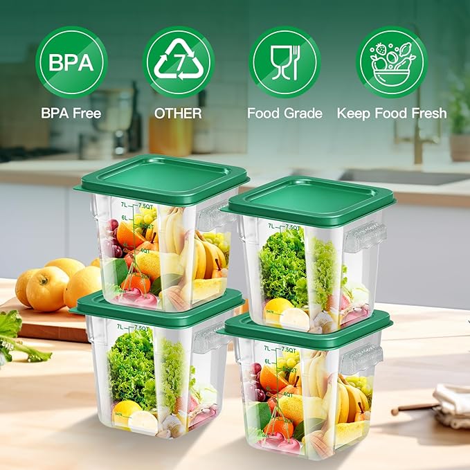 4 pcs 8qt Food Storage Containers with Lid, Square Clear Commercial Storage Containers with Handle and Scale for Food Storage in Home Kitchen & Dining (Green)