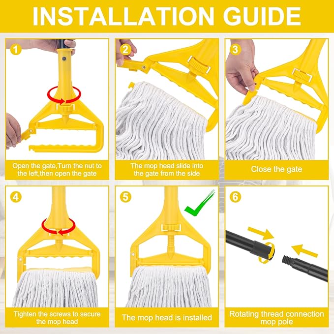 Commercial Mop with 3 Extra Large Replacement Heads,59" Long Handle Heavy Duty Industrial Mops for Floor Cleaning,Looped-End String Wet Cotton Mop for Home,Kitchen,Office,Garage,Concrete/Tile Floor