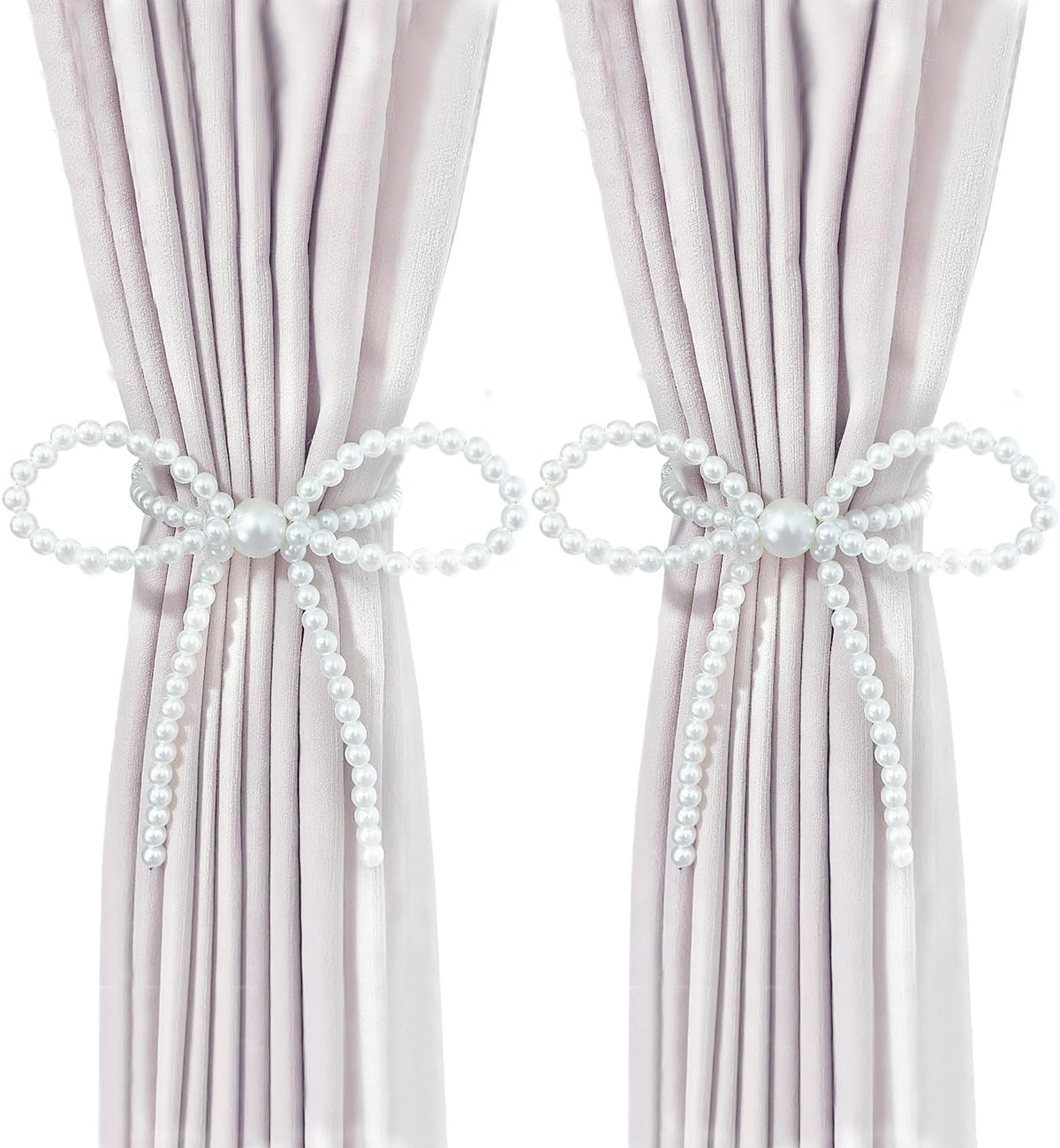 Magnetic Tiebacks for Curtains, 2 Pack Bow Pearl Curtain tiebacks Curtain Buckle Clips with High-Elastic Spring Wire,Curtain Holders for Wall,Drapery tiebacks,Curtain Ties (2pcs Bow)