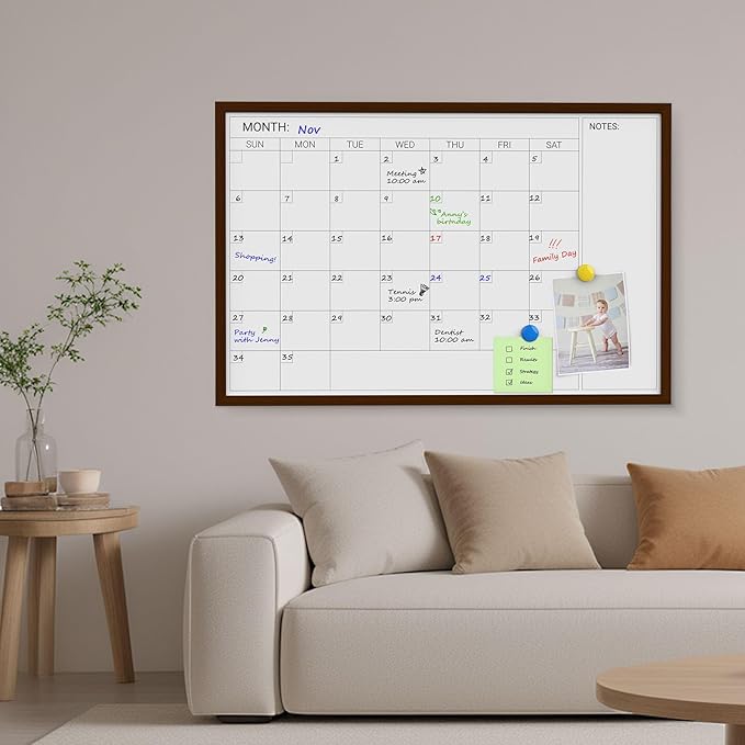 Comix Dry Erase Calendar Whiteboard for Wall,Magnetic Dry Erase White Board with Brown Wood Frame, 36 * 24 inches Decorative Planner Board for Office, Kitchen, School, Home