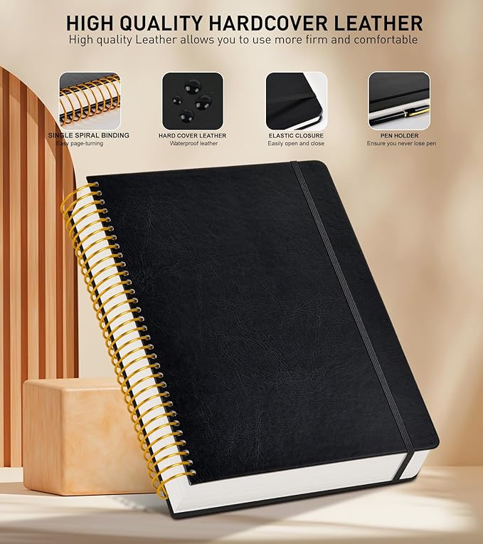 B5 Spiral Notebook Journal 7.6” x 10”, 300 Numbered Pages Hardcover Leather Journals for Women Men, Large Lined College Ruled Notebooks, 100GSM Thick Paper, Spiral Bound Journal for Work School, Black