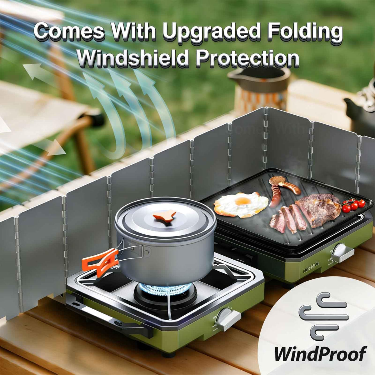 HOMGEN Portable Camping Cooking Set with Folding Windscreen-Lightweight Aluminum Camp Pots and Pan-800ml Teapot- 2 Cups & Plates- Complete Camping Mess Kit for Hiking Picnic Camping RV Trevel Trip