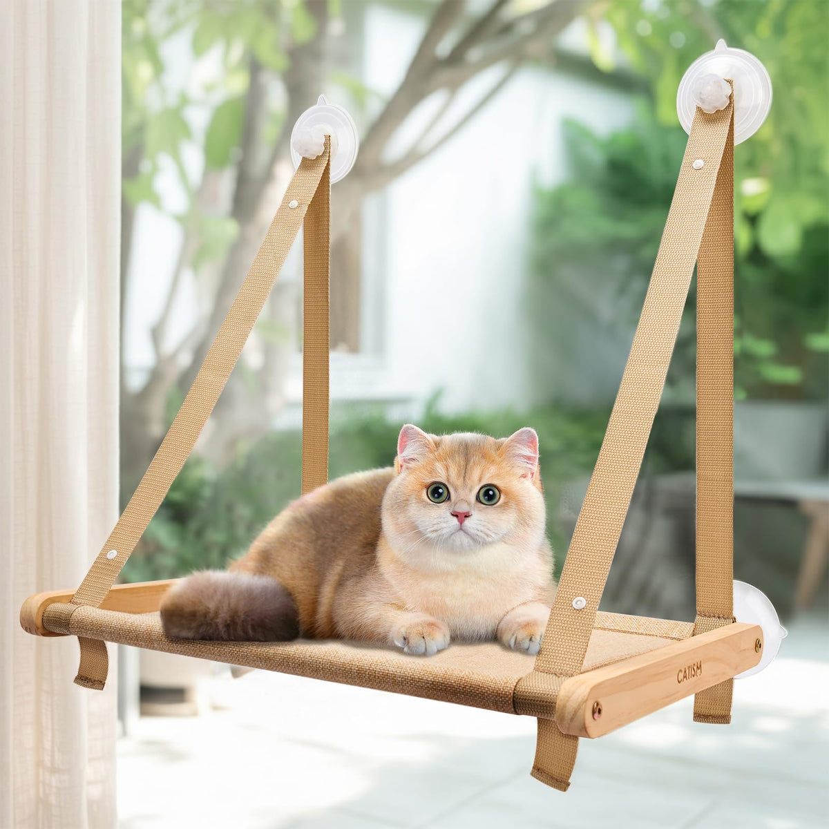 Cat Window Perch - Foldable Cat Hammock for Window, Soft Seat Machine Washable, Solid Wood Frame, 4 Suction Cups, Cats Window Hammock Load Weight Up to 40lbs