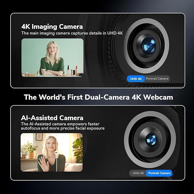 EMEET Piko+ Webcam 4K, World's 1st Dual-Camera AI-Powered 4K Camera, 1/2.55'' Sony Sensor, 3 Mics&3 Sound Modes, Panda Magnetic Privacy Cover, USB C-C&C-A, Ideal for Livestreamers and Content Creators