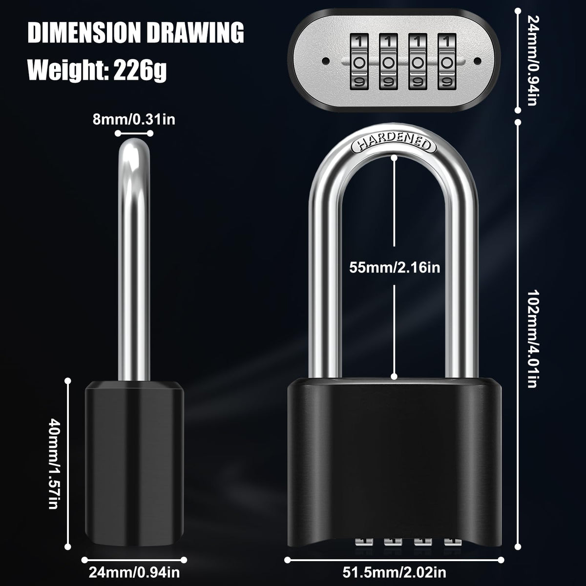 2.5in Long Shackle Combination Lock, Diyife Large Outdoor Weatherproof Padlock, Design of Hidden Password & High Security, Resettable Combination Lock for Locker, Home, School, Garage, Gate, Garden