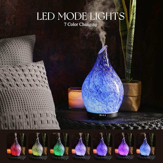 Porseme 280ml Essential Oil Diffuser Glass Color Changing Aroma Air Diffusers Aromatherapy Ultrasonic Cool Mist Humidifier 7 Running Hours Waterless Auto-Off for Sleeping, Yoga, Office (Deep Blue)