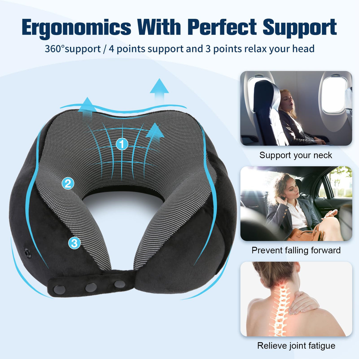 Cirorld Neck Pillow for Traveling, Travel Pillows for Airplanes,100% Pure Memory Foam Travel Neck Pillow, Adjustable Flight Pillow, Portable Plane Accessories with Eye Mask, Earplugs, Carry Bag