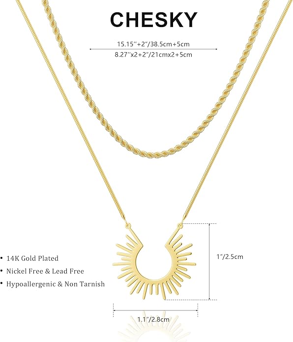 CHESKY Layered Necklaces for Women Trendy, Dainty 14k Gold Plated Pendant Necklace Layering Necklace for Women Non Tarnish Hypoallergenic Sun Gold Necklace Stack Gold Jewelry for Women Gifts