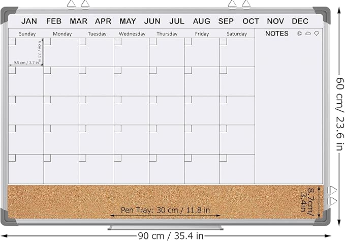 EAONE Magnetic Whitboard Calendar for Wall, Double Sided Dry Eraser Board Combo with Aluminum for Office, School, Home Kitchen (Silver, 36" x 24")